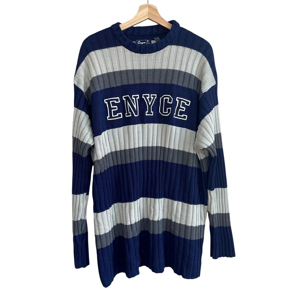 Enyce vintage athletic blue gray striped knit sweater men's 3XL made in Korea